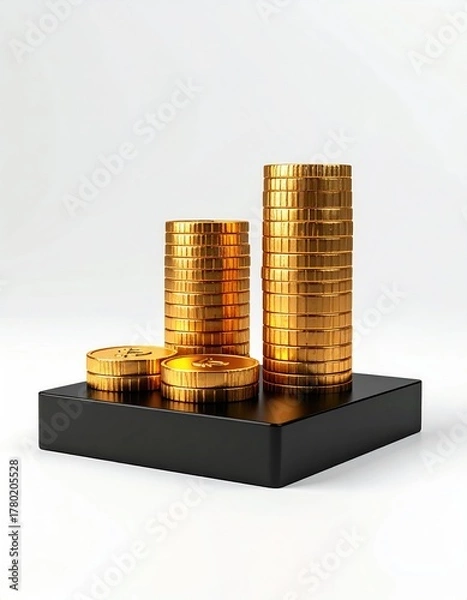 Fototapeta Golden coins in stacks on black pedestal, white background