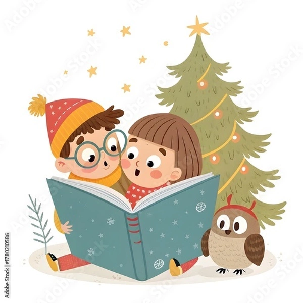 Obraz Two children reading a book next to an owl and a christmas tree isolated on white background