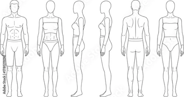 Obraz Male and female body template front back side view fashion figure outline sketch for clothing design illustration and anatomy reference.