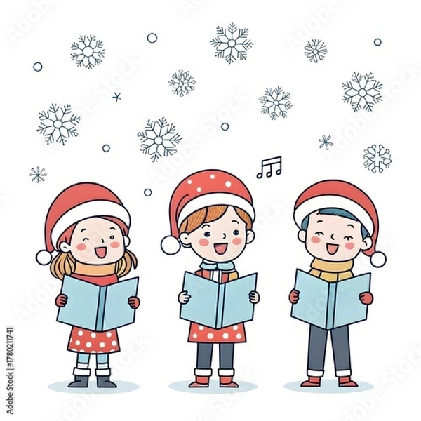 Obraz Three cheerful children singing christmas carols under the falling snow, isolated on white background, spreading holiday cheer
