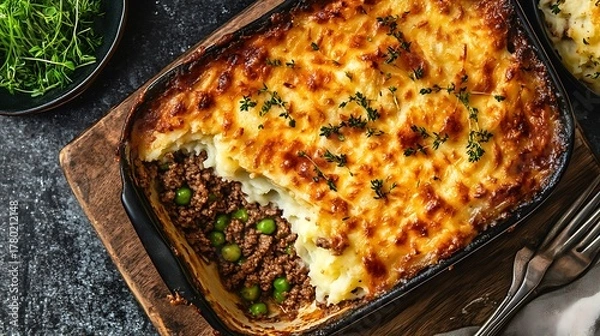 Fototapeta Shepherds pie lamb mince with potato and cheese