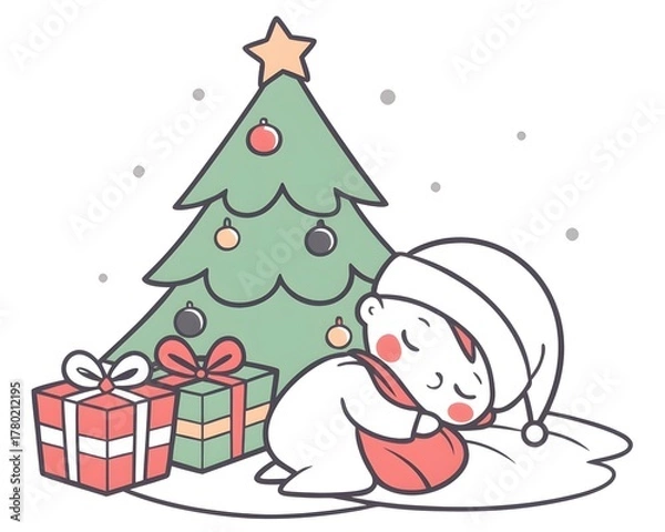 Obraz A sleeping baby wearing a santa hat next to christmas presents and a christmas tree isolated on white background
