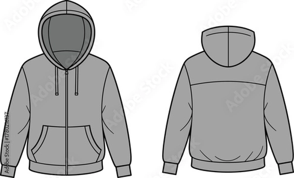 Obraz Zip front hoodie technical flat, detailed garment cad drawing with hood and pockets, fashion vector template, front and back sweatshirt design