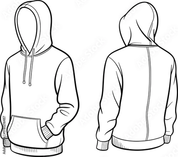 Fototapeta Front and back hoodie technical flat sketch with kangaroo pocket, ribbed cuffs, drawstring hood, detailed apparel fashion cad drawing vector template