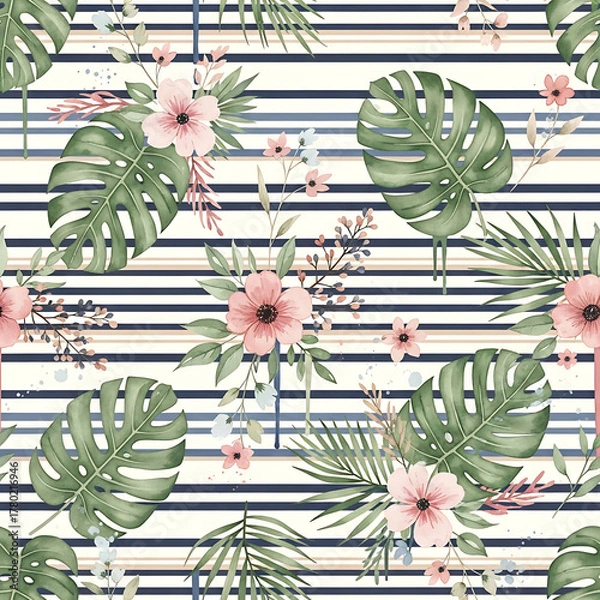 Fototapeta Watercolor floral pattern of hand-painted wildflowers and sprawling leaves tied with a sheer ribbon on a bright white silk background, created for wallpaper and fabric, illuminated with diffused	