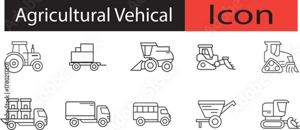 Fototapeta Agricultural vehicle line  icon set. Vector line art design. trailer, irrigation, drill, silage, fertilizer etc illustration art