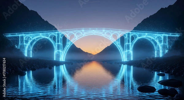 Fototapeta Bridge arches with blue lights reflected in calm water at sunset