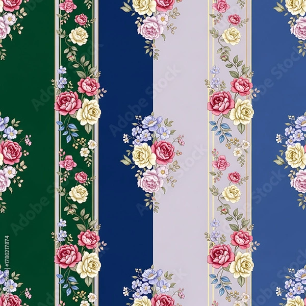 Fototapeta Watercolor floral pattern of hand-painted wildflowers and sprawling leaves tied with a sheer ribbon on a bright white silk background, created for wallpaper and fabric, illuminated with diffused	