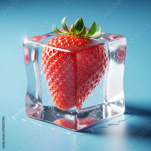 Obraz Strawberry frozen in ice cube refreshing summer dessert ingredient