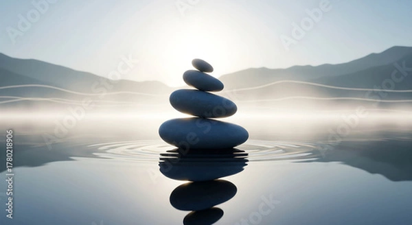 Fototapeta Zen stones stacked on water with mountain mist