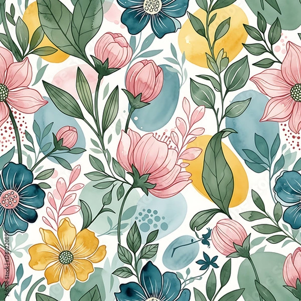 Fototapeta Watercolor floral pattern of hand-painted wildflowers and sprawling leaves tied with a sheer ribbon on a bright white silk background, created for wallpaper and fabric, illuminated with diffused	