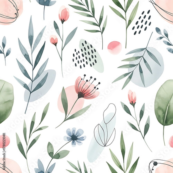 Fototapeta Watercolor floral pattern of hand-painted wildflowers and sprawling leaves tied with a sheer ribbon on a bright white silk background, created for wallpaper and fabric, illuminated with diffused	