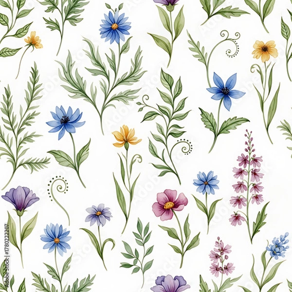 Fototapeta Watercolor floral pattern of hand-painted wildflowers and sprawling leaves tied with a sheer ribbon on a bright white silk background, created for wallpaper and fabric, illuminated with diffused	