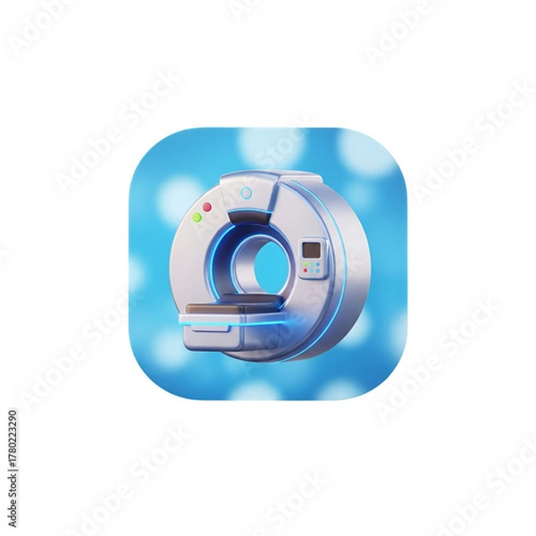 Fototapeta Medical computed tomography scanner on blue background, a modern diagnostic tool isolated on transparent background