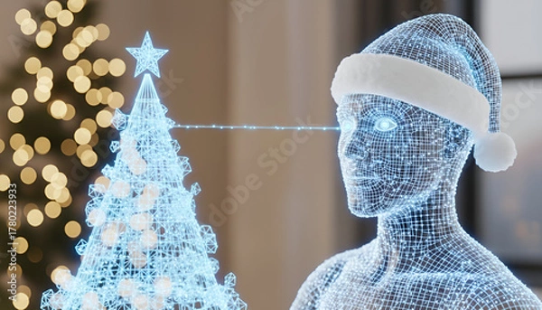 Fototapeta Futuristic AI Robot in Santa Hat with Digital Christmas Tree