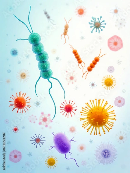 Obraz Colorful microscopic bacteria and viruses floating in blue background