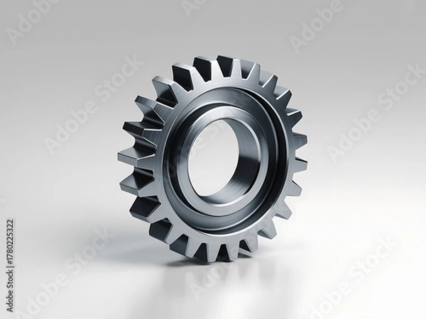 Obraz Close up of a single metallic gear with sharp teeth on a light background