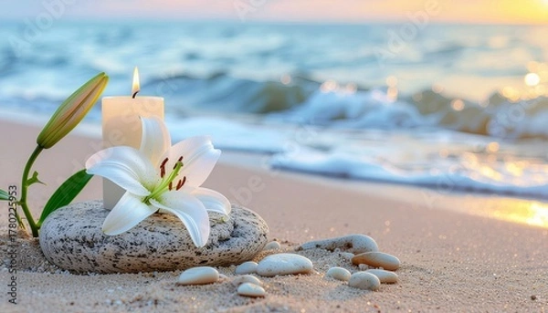Obraz Burning candle with white lily flower near a stone podium on sea sand beach with wave background.