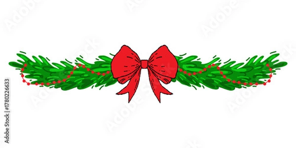 Fototapeta Christmas garland with pine branches, red bow, red beads. Festive horizontal border for banners, invitations, web, holiday cards, party, and winter decor.
