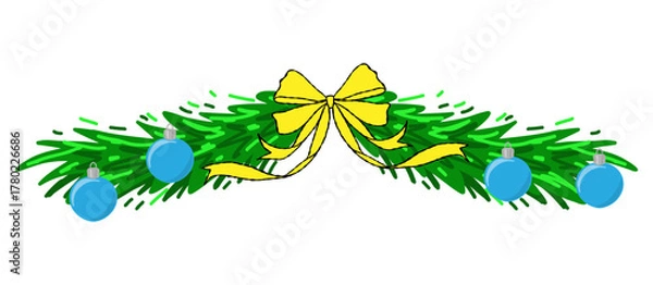 Fototapeta Christmas garland with pine branches, yellow ribbon bow, and blue baubles. Festive horizontal border for banners, cards, invitations, headers, web, winter and holiday design