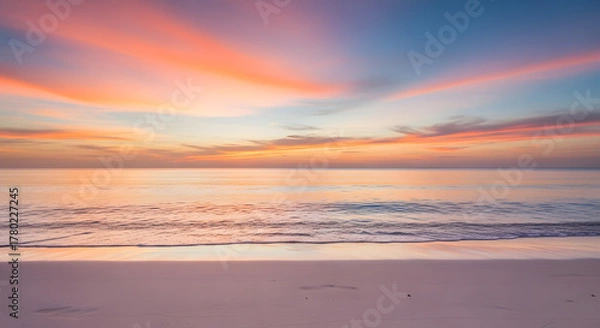 Obraz Serene Ocean Landscape with Colorful Sunset Sky and Gentle Waves on Shore