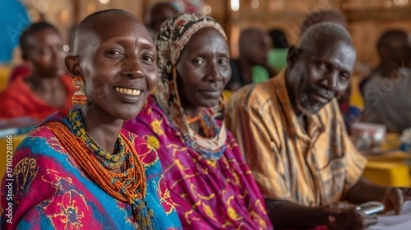 Fototapeta Travel blogger engages with local community members during a meeting, smiling faces highlight cultural exchange in a lively atmosphere filled with colorful attire