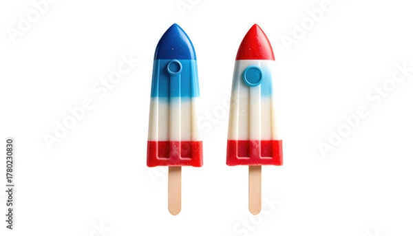 Fototapeta Two rocket-shaped popsicles, one blue-topped, one red, both striped in white. Isolated on black background, bright lighting