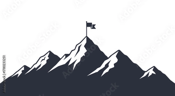 Fototapeta Dark blue mountain peak with flag against white background vector summit