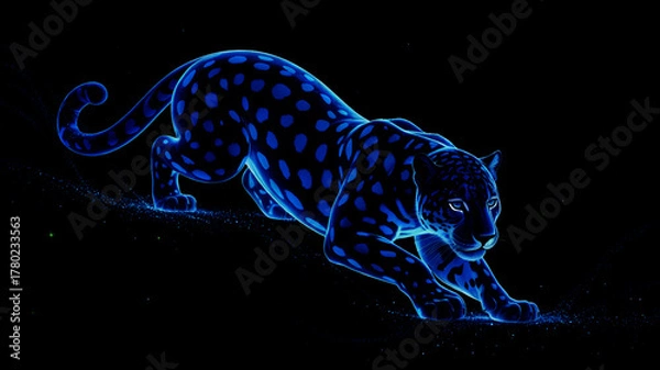 Fototapeta Stunning digital illustration of a powerful neon blue leopard or jaguar crouching and stalking, with vibrant electric light illuminating its spots against a pure black background, symbolizing speed, s