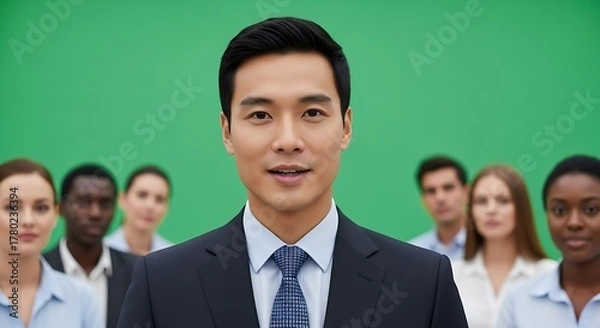 Fototapeta Business professional in a suit stands before a diverse group