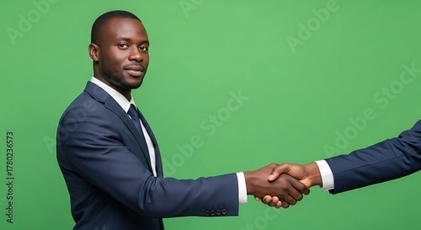 Fototapeta Man in suit shaking hands with another person on a green background