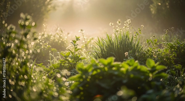 Fototapeta Serene Lush Green Grass Field with Dew Droplets in Morning Light Landscape