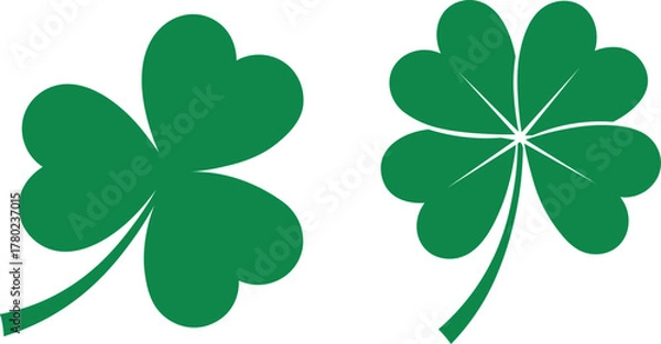 Fototapeta Two green shamrock and four leaf clover symbols on white background luck