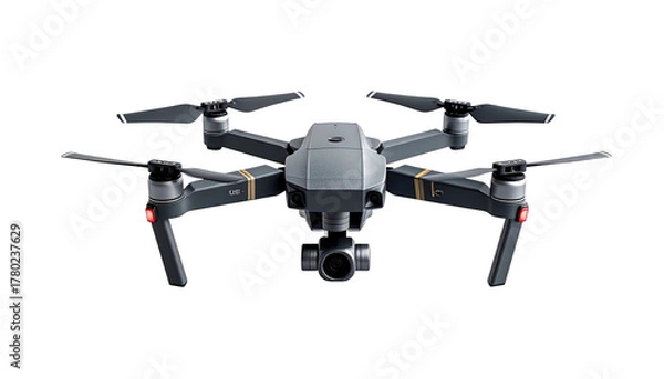 Fototapeta A dark gray quadcopter drone with a camera lens centered, isolated on a black background