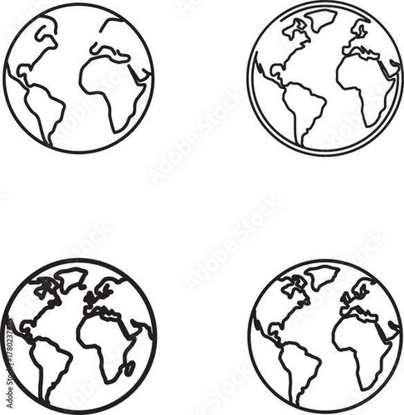 Fototapeta Four hand drawn outline illustrations of the earth globe showing continents and oceans