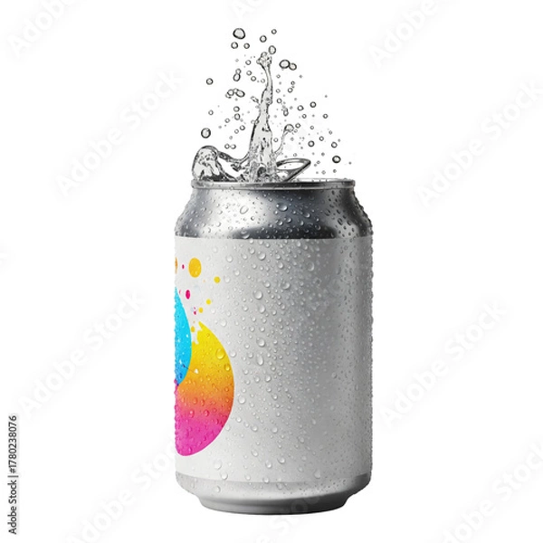 Fototapeta Cold soda can with water droplets and splash, metallic beverage tin condensation, refreshing carbonated soft drink soda can mockup Isolated on transparent background, png