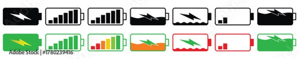 Obraz Battery level indicators. Colorful battery charge level icons. Battery power level pictograms in outline defrent style. Vector