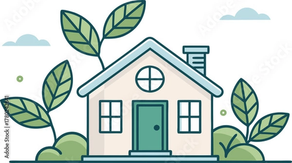 Fototapeta Charming eco friendly house illustration symbolizing sustainable living and green real estate, inviting and serene concept