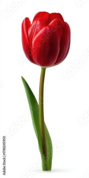 Fototapeta Vibrant Red Tulip with Dew Drops on White Background