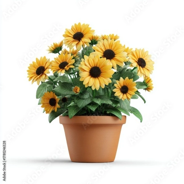 Fototapeta Vibrant Yellow Sunflowers in Terracotta Pot Against White Background