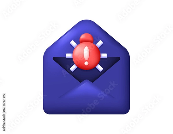 Obraz malware message concept. notification of receiving a suspicious and malicious email. virus detected warning. illustration of an open envelope symbolizing a bug or virus. 3D style design