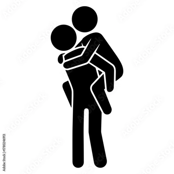 Fototapeta Stick figure carrying another person on their back simple black vector illustration isolated on white background