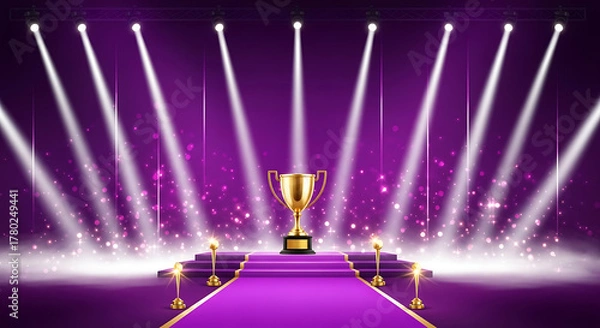 Fototapeta Golden trophy on a purple carpet with spotlights and bokeh effect