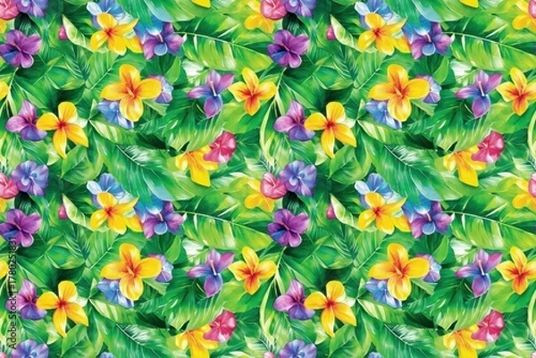 Fototapeta Vibrant Tropical Flowers and Leaves Pattern