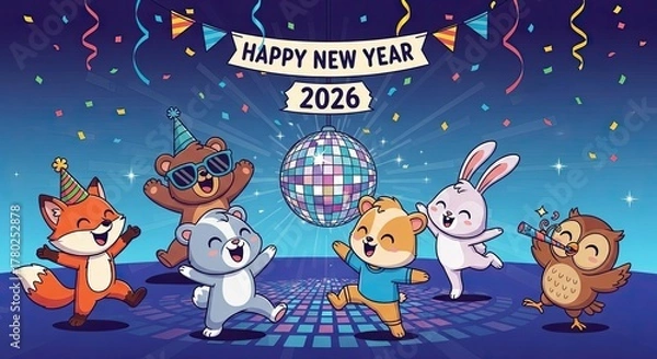 Fototapeta Happy New Year 2026 Cute Animals Party Celebration