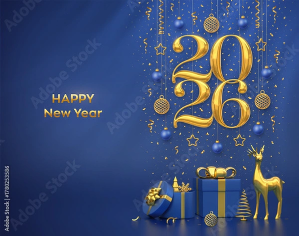 Obraz Happy New Year 2026. Hanging golden metallic numbers 2026 with stars, balls and snowflake on blue background. Reindeer, gift boxes, metallic pine or fir, cone shape spruce trees. Vector illustration.