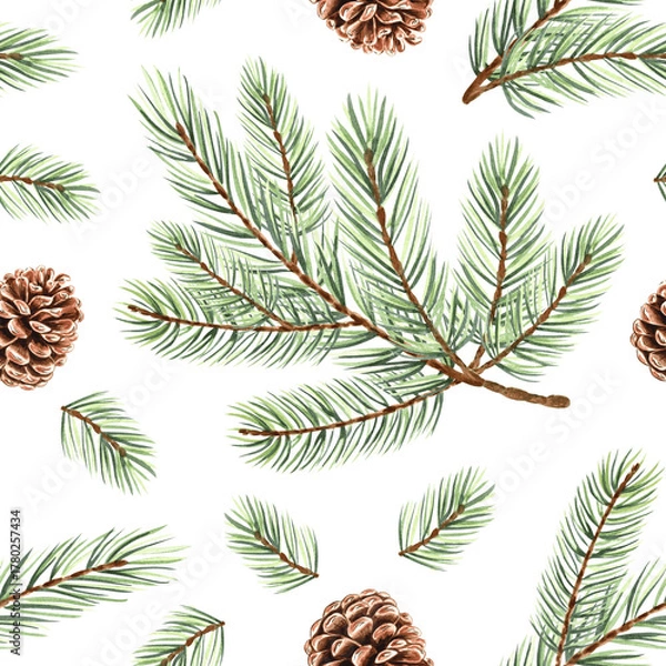 Fototapeta Watercolor pine branches with cones, seamless pattern for Christmas design. Hand-drawn illustration spruce twigs for winter holiday decor. Conifer plant natural background for wallpaper, textile, card
