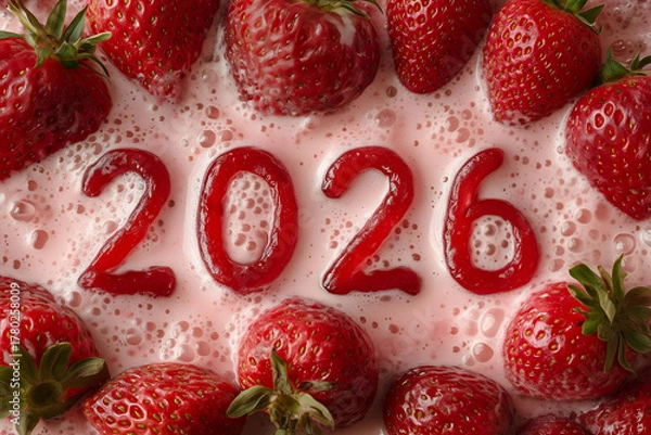 Obraz Top view of numbers 2026 made of strawberry jelly floating in a strawberry milkshake with fresh strawberries
