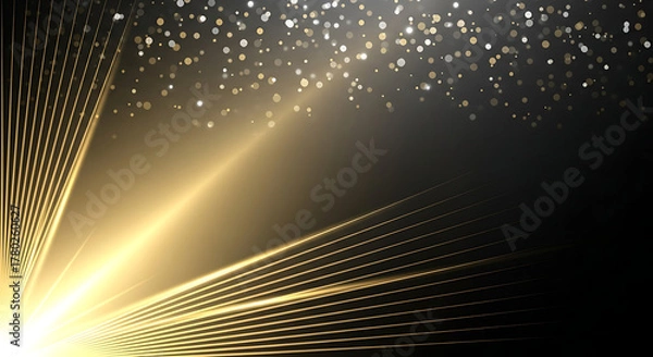 Fototapeta Golden light rays emanating from a bright source with sparkling particles above