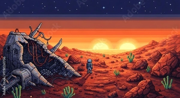 Fototapeta Astronaut exploring desolate pixel art alien planet